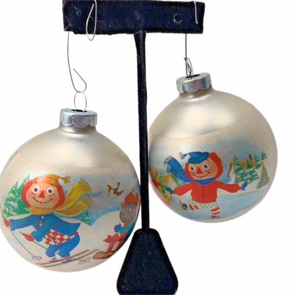 Vtg 1973 Raggedy Ann Andy Glass Christmas Ornaments Set Of 4 Ski Bobbs Merrill - Picture 6 of 11